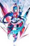  absurdly_long_hair armpits arms_up black_gloves black_legwear blue_eyes blue_hair bow bowtie floating_hair full_body gloves hatsune_miku heterochromia highres long_hair looking_at_viewer monq original red_bow red_eyes sleeves smile solo standing thighhighs very_long_hair zettai_ryouiki 
