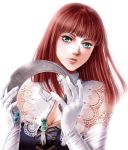  aqua_eyes bangs blue_eyes breasts cleavage closed_mouth commentary cross-laced_clothes elbow_gloves english_commentary gloves hair_ornament_removed holding holding_hair_ornament lace lace-trimmed_gloves lips long_hair looking_at_viewer maronee_san primiera_(saga) red_hair saga saga_frontier_2 simple_background solo upper_body white_background white_gloves 