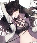  arm_up belt black_hair blake_belladonna breasts cleavage crop_top dutch_angle ecru floating_hair hair_over_one_eye holding holding_sword holding_weapon jacket long_hair looking_at_viewer medium_breasts midriff navel open_clothes open_jacket parted_lips rwby signature simple_background solo stomach sword upper_body weapon white_background white_jacket yellow_eyes 