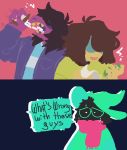  2018 artdumbchild caprine chalk comic deltarune dialogue dragon eating english_text eyes_covered eyewear glasses goat hat human kris_(deltarune) lizard mammal moss ralsei reptile scalie scarf susie_(deltarune) text video_games 