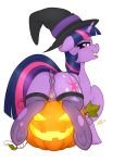  2018 anatomically_correct anatomically_correct_pussy animal_genitalia animal_pussy anus butt clitoral_winking clitoris costume cutie_mark dock equine equine_pussy eyelashes female feral food friendship_is_magic fruit halloween hat hi_res holidays looking_at_viewer looking_back mammal my_little_pony presenting presenting_anus presenting_pussy pumpkin pussy ratofdrawn simple_background solo tongue tongue_out twilight_sparkle_(mlp) white_background wizard_hat 