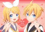  1girl :d bangs black_sleeves blonde_hair blue_eyes bow brother_and_sister character_name collarbone detached_sleeves hair_between_eyes hair_bow hair_ornament hairclip highres kagamine_len kagamine_rin koudzuki_(reshika213) looking_at_viewer neckerchief open_mouth parted_bangs sailor_collar shirt siblings sleeveless sleeveless_shirt smile star striped striped_background vocaloid white_bow white_shirt yellow_neckwear 