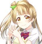  anibache bangs blush bow bowtie brown_hair character_name dated green_hair hair_bow happy_birthday long_hair looking_at_viewer love_live! love_live!_school_idol_project minami_kotori one_side_up red_neckwear short_sleeves smile solo steepled_fingers striped striped_neckwear sweater_vest upper_body yellow_eyes 