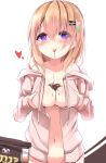  :p bangs bare_shoulders blush breast_lift breasts bust_cup cleavage closed_mouth collarbone eyebrows_visible_through_hair food_on_clothes gochuumon_wa_usagi_desu_ka? groin hair_between_eyes hair_ornament hairclip heart highres hood hood_down hooded_jacket hoto_cocoa jacket kouda_suzu light_brown_hair long_hair medium_breasts navel open_clothes open_jacket out-of-frame_censoring pink_jacket purple_eyes smile solo tongue tongue_out 