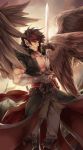  bandages bandana bird brown_hair brown_wings day eagle feathered_wings fimyuan fire_emblem fire_emblem:_souen_no_kiseki floating_hair grey_pants highres holding holding_sword holding_weapon male_focus outdoors pants pointy_ears scar solo sword tibarn weapon wings 