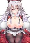  areolae azur_lane bangs black_legwear blush breasts breasts_outside cape cape_removed cleavage collared_shirt commentary_request eyebrows_visible_through_hair fur-trimmed_cape fur_trim gloves graf_zeppelin_(azur_lane) hair_between_eyes hat highres huge_breasts iron_cross jacket large_breasts long_hair looking_at_viewer messy_hair military military_uniform mutou_(94753939) nipples no_bra pantyhose peaked_cap red_eyes shirt sidelocks silver_hair sitting skindentation skirt solo thighband_pantyhose uniform very_long_hair 