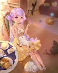  :d absurdres alternate_costume alternate_hairstyle azur_lane bangs bare_shoulders breasts cake cat chair cleavage double_bun dress eyebrows_visible_through_hair food hair_bun highres indoors kneehighs lavender_hair long_hair looking_at_viewer open_mouth orry plate purple_eyes shoes sitting skirt smile solo strapless strapless_dress stuffed_alicorn table teapot twintails unicorn_(azur_lane) v very_long_hair white_dress white_footwear yellow_skirt 