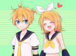  1girl bangs black_sleeves blue_eyes bow brother_and_sister closed_eyes collarbone crop_top detached_sleeves eyebrows_visible_through_hair green_background hair_between_eyes hair_bow hair_ornament hairband hairclip heart kagamine_len kagamine_rin koudzuki_(reshika213) midriff navel neckerchief necktie open_mouth parted_bangs sailor_collar shiny shiny_hair shirt short_sleeves siblings sleeveless sleeveless_shirt smile standing stomach striped striped_background upper_body vocaloid white_bow white_hairband white_shirt yellow_neckwear 