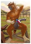  animal_genitalia animal_penis anthro balls black_balls black_penis equine equine_penis erection flag hooves horse male mammal medial_ring muscular muscular_male nude penis ranch saddle sitting solo tawny_otter texas 