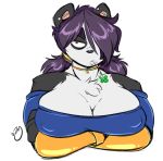  anthro bear big_breasts biped black_ears black_fur black_nose breasts bust_portrait chest_tuft choker cleavage clothed clothing clover crossed_arms duckdraw ear_piercing eyebrows female fur gogo_(duckdraw) grey_lips hair long_hair looking_at_viewer mammal multicolored_fur nintendo nipple_bulge pangoro piercing pok&eacute;mon pok&eacute;mon_(species) portrait pouting purple_eyebrows purple_hair red_eyes shirt simple_background solo tuft two_tone_fur video_games white_background white_fur wristband 