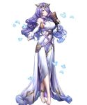  bangs bare_shoulders barefoot breasts bug butterfly camilla_(fire_emblem_if) closed_mouth dress fire_emblem fire_emblem_heroes fire_emblem_if full_body hair_over_one_eye highres holding insect large_breasts long_hair looking_at_viewer mikurou_(nayuta) official_art outstretched_hand purple_eyes purple_hair shiny shiny_hair solo standing toes transparent_background white_dress 