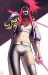  akali belt bracelet breasts choker cleavage commentary hat highres idol jacket jewelry k/da_(league_of_legends) k/da_akali league_of_legends makeup midriff navel ponytail raver solo ultraviolet_light whispwill 