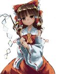  absurdres ascot bangs bare_shoulders bow brown_hair detached_sleeves eyebrows_visible_through_hair gohei hair_bow hair_tubes hakurei_reimu highres holding long_hair long_sleeves looking_at_viewer nob1109 orange_eyes red_bow ribbon-trimmed_sleeves ribbon_trim simple_background solo touhou white_background yellow_neckwear 