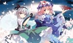  2girls aqua_eyes butterfly dress fan gray_hair hat headband japanese_clothes katana konpaku_youmu magic myon petals pink_hair red_eyes saigyouji_yuyuko short_hair skirt sword t-ray touhou waifu2x weapon 