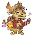  alchemist anthro belt bottomless bubble chemist chemistry chibi claws clothed clothing dragon ear_piercing eyewear facial_hair gamutfeathers glasses goatee horn invalid_tag male mature_male mustache piercing potion scalie small_(disambiguation) small_wings smile smoke solo test_tube vial western_dragon wings 