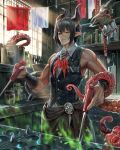  absurdres black_hair black_vest bottle bracer brooch brown_eyes butcher_knife dual_wielding ggozira highres holding horns indoors jewelry knife looking_at_viewer male_focus official_art pointy_ears pot red_neckwear shelf skull solo standing tenkuu_no_crystalia tentacles vest window 