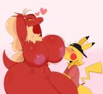  2019 anthro areola avian big_breasts blaziken blush bottomless breasts clothed clothing duo eyes_closed female hat hi_res huge_breasts jinu larger_female male male/female mammal nintendo nipple_suck nipples pikachu pok&eacute;mon pok&eacute;mon_(species) rodent shirt simple_background size_difference smaller_male sucking video_games 