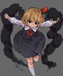  absurdres ascot bangs black_dress blonde_hair closed_mouth darkness dress eyebrows_visible_through_hair hair_ribbon highres leg_up long_sleeves looking_at_viewer nob1109 outstretched_arms red_eyes red_neckwear red_ribbon ribbon rumia short_hair smile socks solo standing standing_on_one_leg touhou white_legwear 