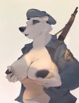  anthro bear beret black_nipples black_nose breast_grab breasts cleavage clothed clothing einshelm female fur gun hand_on_breast hat jacket mammal nipples partially_clothed polar_bear ranged_weapon rifle simple_background solo weapon white_background white_fur 