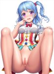  anus bang_dream! bangs blue_hair blush bottomless bow center_frills corset earrings embarrassed frilled_shirt_collar frilled_sleeves frills hair_bow hand_on_own_cheek hand_on_own_knee jewelry knees_up lambda_(kusowarota) long_hair looking_at_viewer matsubara_kanon navel one_side_up open_mouth pom_pom_(clothes) purple_eyes pussy red_bow shirt simple_background solo spread_legs striped sweatdrop underbust vertical_stripes white_background white_shirt 