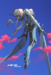  absurdres ass blue_eyes blurry bodysuit boots breasts commentary depth_of_field grey_hair hair_ribbon highres j-10b legs mecha_musume original personification pointy_ears ribbon short_twintails sima_naoteng sky smoke_trail solo twintails 