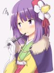  annoyed blush cape commentary_request dadamori eyebrows_visible_through_hair flower gloves hair_flower hair_ornament hieda_no_akyuu holding holding_pen japanese_clothes kimono pen purple_eyes purple_hair short_hair simple_background solo touhou upper_body white_gloves 