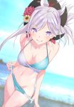  aqua_bikini bangs bare_arms bare_shoulders beach bikini bikini_pull blue_bikini blurry blurry_background blush breasts cleavage cloud collarbone cowboy_shot cross-laced_clothes day depth_of_field dutch_angle earrings fate/grand_order fate_(series) flower folded_ponytail grin groin hair_flower hair_ornament halter_top halterneck highres hips horizon jewelry leaf leaf_earrings looking_at_viewer medium_breasts messy_hair miyamoto_musashi_(fate/grand_order) multicolored multicolored_bikini multicolored_clothes navel ocean outdoors ponytail print_bikini purple_eyes red_flower sahara386 shore short_hair_with_long_locks sidelocks silver_hair single_sidelock sky smile solo standing swimsuit thighs water yellow_flower 