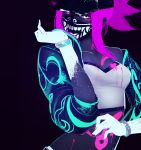  akali bare_shoulders baseball_cap black_background bodypaint bracelet breasts cleavage covered_mouth cropped_jacket crossed_arms face_mask hat i-pan idol inverted_colors jewelry k/da_(league_of_legends) k/da_akali league_of_legends looking_at_viewer mask medium_breasts midriff off_shoulder paint_splatter pink_hair raver sidelocks sleeves_pushed_up solo ultraviolet_light yellow_eyes 