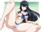  1girl arms black_hair breasts collarbone eyebrows_visible_through_hair female from_above itsdatskelebutt junketsu kill_la_kill kiryuuin_satsuki legs long_hair looking_at_viewer lying navel neck nipples on_back one-piece_swimsuit solo swimsuit torn_clothes torn_swimsuit 