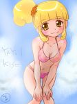  10s 1girl alternate_hairstyle bikini blonde_hair blush breasts character_name cleavage collarbone kise_yayoi leaning_forward looking_at_viewer navel precure ruriruri short_hair side_ponytail smile smile_precure! solo swimsuit yellow_eyes 