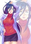  blue_hair breasts dress glasses jacket justice_gakuen licking_lips long_hair medium_breasts minazuki_kyouko multicolored_hair no_legwear pencil_skirt purple_hair red_sweater ribbed_sweater shimaguni_yamato skirt standing sweater sweater_dress tongue tongue_out two-tone_hair very_long_hair white_jacket zoom_layer 