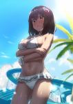  ac_107 bikini black_hair blue_sky blush breasts brown_eyes cloud commentary_request cowboy_shot day frilled_bikini frills haguro_(kantai_collection) hair_ornament kantai_collection light_rays looking_at_viewer medium_breasts navel open_mouth outdoors palm_tree scrunchie short_hair sky solo standing sunbeam sunlight swimsuit tree water_slide white_bikini white_scrunchie wrist_scrunchie 