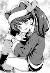  animal_hat bell boots commentary_request fang fur_trim gloves greyscale hair_ornament hair_scrunchie hat highres kantai_collection looking_at_viewer miniskirt monochrome pleated_skirt ryuujou_(kantai_collection) santa_costume santa_hat scrunchie skirt solo thighs twintails uousa-ou visor_cap 