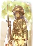  absurdres ammunition_pouch arisaka bayonet blue_eyes blue_hair bolt_action flag gloves gun headband helmet highres imperial_japanese_army japan load_bearing_equipment long_hair longmei_er_de_tuzi looking_at_viewer military military_uniform original pouch rifle rising_sun short_ponytail sidelocks sketch soldier solo sunburst sunlight tree uniform weapon white_gloves world_war_ii 