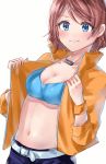 bad_id bad_twitter_id belt blue_bra blue_eyes blush bra breasts brown_hair cleavage commentary_request highres jacket jewelry long_sleeves looking_at_viewer love_live! love_live!_sunshine!! medium_breasts minori_748 navel necklace no_shirt open_clothes open_jacket orange_jacket short_hair simple_background smile solo stomach underwear upper_body watanabe_you white_background white_belt wristband 