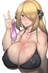  after_sex areola_slip areolae black_bikini_top blonde_hair blush breasts cleavage condom covered_nipples cum dark_areolae hair_ornament hair_over_one_eye highres holding holding_condom huge_breasts lips long_hair looking_at_viewer natedecock pokemon pokemon_(game) pokemon_dppt shirona_(pokemon) smile solo strap_gap toned underboob used_condom white_background yellow_eyes 