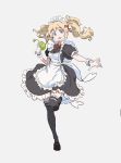  :d black_footwear black_legwear blonde_hair blue_eyes breasts food fruit full_body ggozira highres holding holding_food holding_fruit long_hair maid maid_headdress open_mouth original sketch small_breasts smile solo standing standing_on_one_leg thighhighs twintails_(mantids) wrist_cuffs 