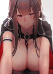  arm_strap bangs bare_arms bare_shoulders between_breasts blunt_bangs blush breasts breasts_outside brown_hair cape commentary dsr-50_(girls_frontline) eyebrows_visible_through_hair girls_frontline hair_ornament hayabusa highres jewelry large_breasts lips long_hair looking_at_viewer necktie necktie_between_breasts parted_lips red_eyes sidelocks signature slit_pupils smile solo sweat sweatdrop very_long_hair 