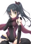  bangs bare_shoulders black_gloves black_hair black_legwear blush breasts brown_leotard brown_scarf chize covered_navel doll_joints elbow_gloves eyebrows_visible_through_hair fate/grand_order fate_(series) gloves green_eyes hand_up head_tilt high_ponytail katou_danzou_(fate/grand_order) leotard long_hair medium_breasts parted_bangs parted_lips ponytail scarf simple_background solo thighhighs very_long_hair white_background 