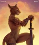  2018 anthro athletic barely_visible_genitalia barely_visible_pussy breasts cat feline female hi_res magic_the_gathering mammal medium_breasts melee_weapon mirri_cat_warrior muscular muscular_female nawka nude pussy signature sky solo sword weapon 