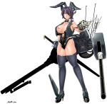  aircraft animal_ears bangs bare_shoulders black_footwear black_neckwear body_writing bow bowtie breasts bunnysuit cleavage closed_mouth collarbone detached_collar eyepatch fake_animal_ears grey_legwear groin headgear helicopter high_heels highres kantai_collection large_breasts looking_at_viewer mi-24 purple_hair rigging saizu_nitou_gunsou shirt short_hair signature silhouette simple_background skindentation sleeveless sleeveless_shirt smile solo sword tenryuu_(kantai_collection) thighhighs thighs turret weapon white_background wing_collar yellow_eyes 