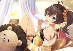  ahoge animal_pillow bare_legs bed bedroom blue_eyes breasts brown_hair candy commentary_request curtains food food_in_mouth hololive jacket lingerie lollipop looking_at_viewer lying on_bed shorts side_ponytail small_breasts solo sunset tokumaro underwear 