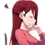  chin_rest chromatic_aberration clenched_hand closed_eyes from_side frown hair_ornament hairclip half_updo long_hair long_sleeves love_live! love_live!_sunshine!! pink_shirt profile red_hair sakurauchi_riko sellel shirt simple_background solo squiggle white_background 