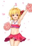  ahoge arm_up armpits blonde_hair blush cameltoe cheerleader crop_top flat_chest highres kaigara_(valibow) midriff navel open_mouth orange_eyes panties petals pom_poms rumia short_hair simple_background skirt smile solo touhou underwear upskirt white_background white_panties 