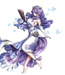  bare_shoulders barefoot breasts bug butterfly camilla_(fire_emblem_if) dress elbow_gloves fingerless_gloves fire_emblem fire_emblem_heroes fire_emblem_if full_body gloves hair_ornament highres holding insect large_breasts long_hair mikurou_(nayuta) official_art parted_lips purple_eyes purple_hair sleeveless solo toes transparent_background turtleneck white_dress 