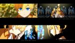  1girl 4koma aku_no_meshitsukai_(vocaloid) allen_avadonia black_bow blonde_hair blue_eyes blurry blurry_background bow brother_and_sister cel_shading choker close-up comic cravat depth_of_field dress evillious_nendaiki frilled_dress frills gloves hair_bow hand_kiss hand_on_own_chest highres juliet_sleeves kagamine_len kagamine_rin kiss kneeling long_sleeves looking_down lyrics parted_lips petals puffy_sleeves riliane_lucifen_d'autriche senka_shion short_ponytail siblings smile stained_glass twins updo vocaloid white_gloves wide_sleeves 