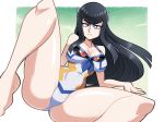  1girl arms black_hair breasts collarbone eyebrows_visible_through_hair female from_above itsdatskelebutt junketsu kill_la_kill kiryuuin_satsuki legs long_hair looking_at_viewer lying neck on_back one-piece_swimsuit solo swimsuit 
