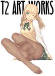  blonde_hair bow feet green_eyes happy long_hair long_legs long_sleeves minato open_mouth panties panties_under_pantyhose pantyhose pantyshot school_uniform sitting skirt smile soles solo sweater sweater_vest tanaka_takayuki toes underwear vest white_panties zegapain zoom_layer 