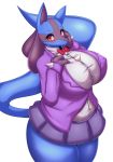  2019 anthro black_fur blue_fur blush breasts clothed clothing female fur looking_at_viewer lucario nintendo nipple_bulge pok&eacute;mon pok&eacute;mon_(species) red_eyes shirt simple_background skirt smile solo spikes tailzkim video_games white_background 