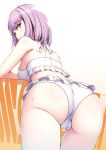  arata ass back bangs bare_arms bare_shoulders bent_over bikini breasts cameltoe commentary_request cowboy_shot eyebrows_visible_through_hair from_behind halter_top halterneck highres looking_at_viewer looking_back medium_breasts medium_hair purple_hair red_eyes shinjou_akane simple_background solo ssss.gridman swimsuit thigh_gap wet white_background white_bikini 